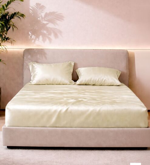 Gold Faux Silk Solid King Size Bedsheet with 2 Pillow Covers